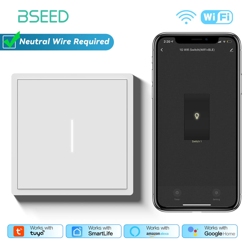BSEED WIFI Button Switch 1/2/3/4Gang 2Way Smart Click Switch Smart EU Socket Plastic Frame Tuya Smart Life Alexa Voice Control