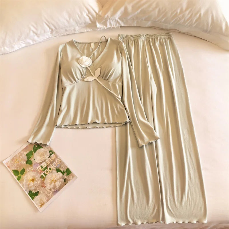 Pyjamas Women Winter Long Sleeve Chest Pad Top Two Piece Set Spring Autumn Cotton Sleepwear Woman Home Clothes Lounge Suit