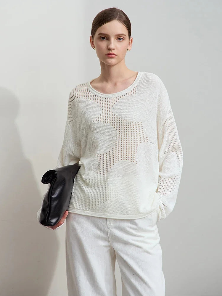 Amii 2026 Minimalist Autumn Round Neck Shoulder Sleeves Hollow Knitted Sweater Hole Picking Jacquard Craft Loose Top 12541142