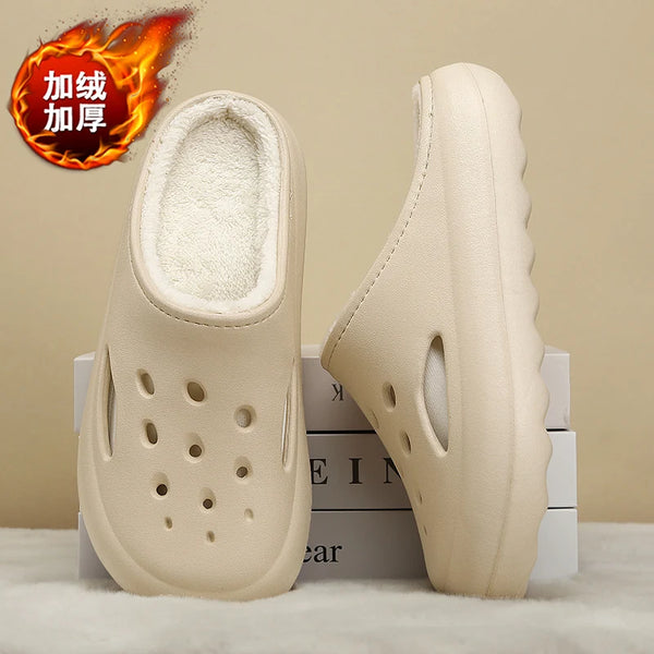 Winter Indoor Home Cotton Shoes for Men Women Warm Plush Fur Clogs Soft Half Slip-On Backless Rubber Sandals for Garden Footwear