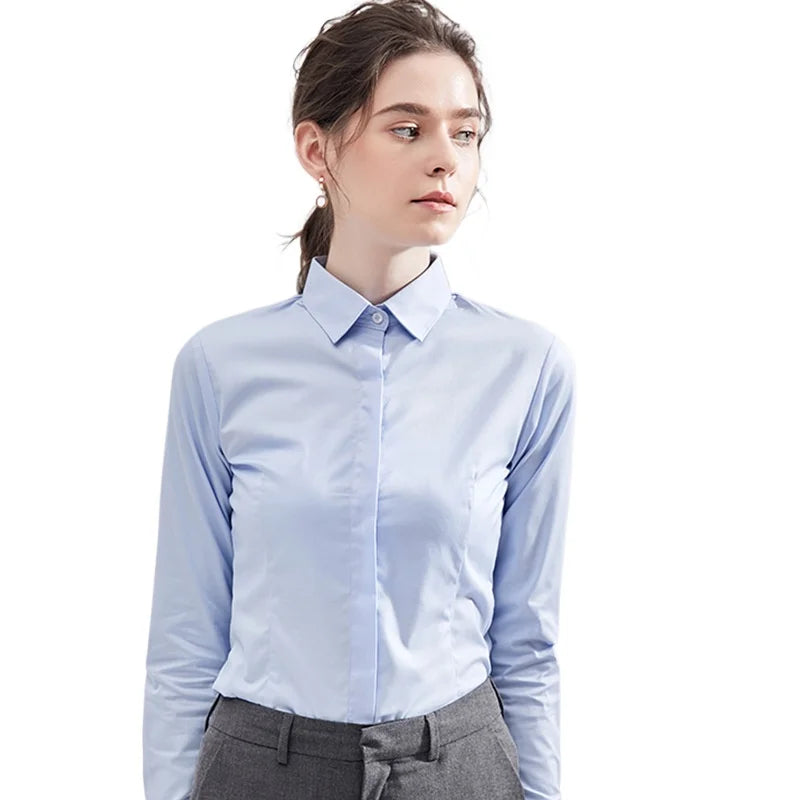 Women's White Collared Long-Sleeved Shirt, Solid Color Business/Office Non-Iron Wrinkle-Resistant Shirts. Black, Gray, Blue Tops