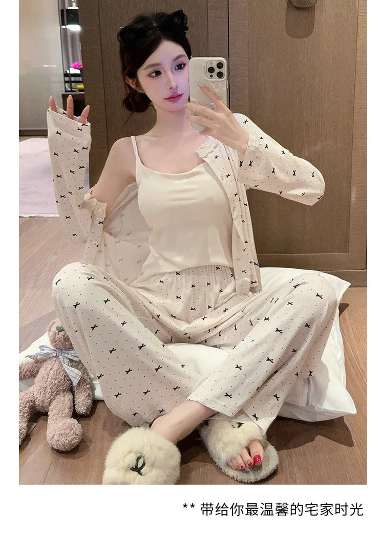 Sexy Chest Pad Modal Pajamas For Women Printed Slim Spring Autumn Home Clothing Korean Three Pieces Set New Pijama Mujer