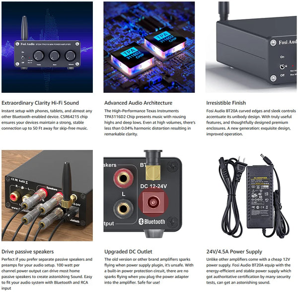 ឧបករណ៍បំពងសម្លេង Fosi Audio BT20A Bluetooth 5.0 ឧបករណ៍បំពងសម្លេងឌីជីថល 2*100W Mini HiFi Class D សម្រាប់គេហដ្ឋាន