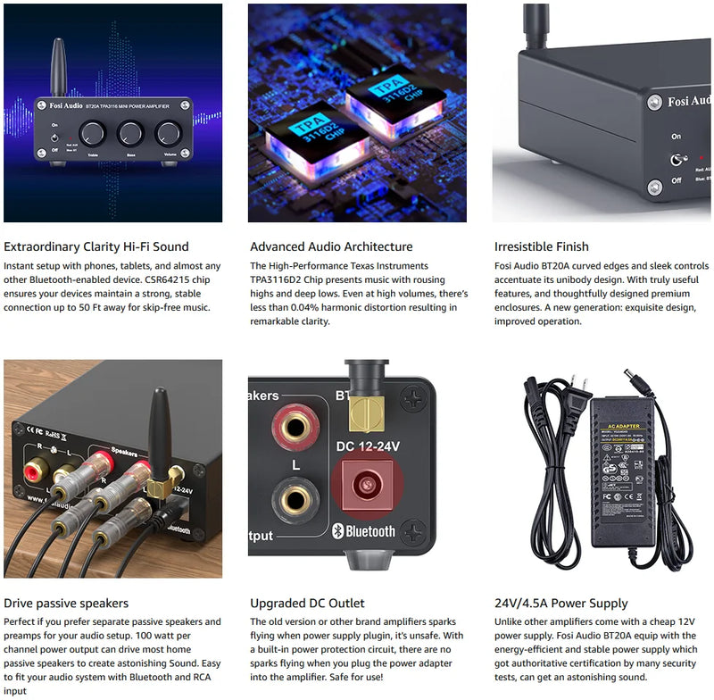 ឧបករណ៍បំពងសម្លេង Fosi Audio BT20A Bluetooth 5.0 ឧបករណ៍បំពងសម្លេងឌីជីថល 2*100W Mini HiFi Class D សម្រាប់គេហដ្ឋាន