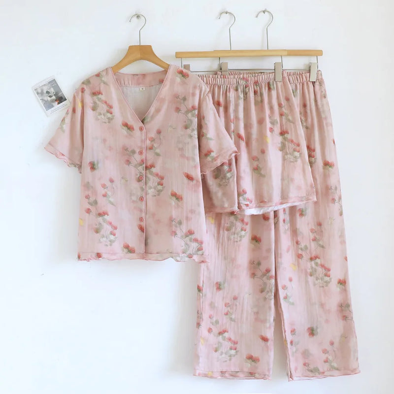 Floral Pajama Set Woman New Summer V-neck Short Sleeve Sleepwear Women's Cotton Home Wear Thin Casual 3 Piece Loungewear Suit