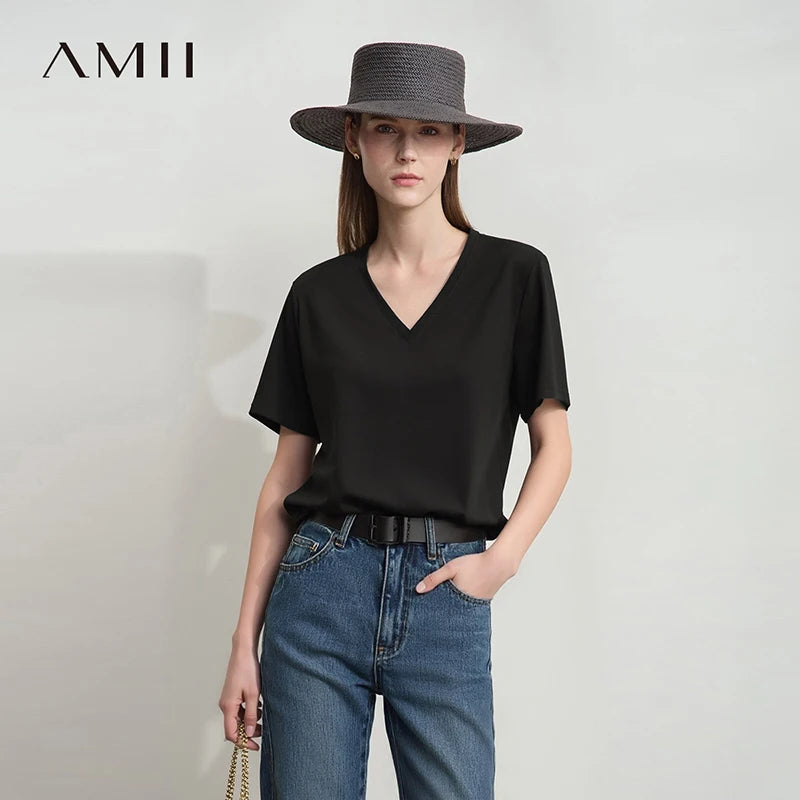 អាវយឺត Amii សម្រាប់នារី រដូវក្ដៅ ឆ្នាំ២០២៦ អាវយឺតដៃខ្លី ក V បែបសាមញ្ញ ប៉ាក់លាត ពណ៌សុទ្ធ អាវសម្រាប់នារី 12622079