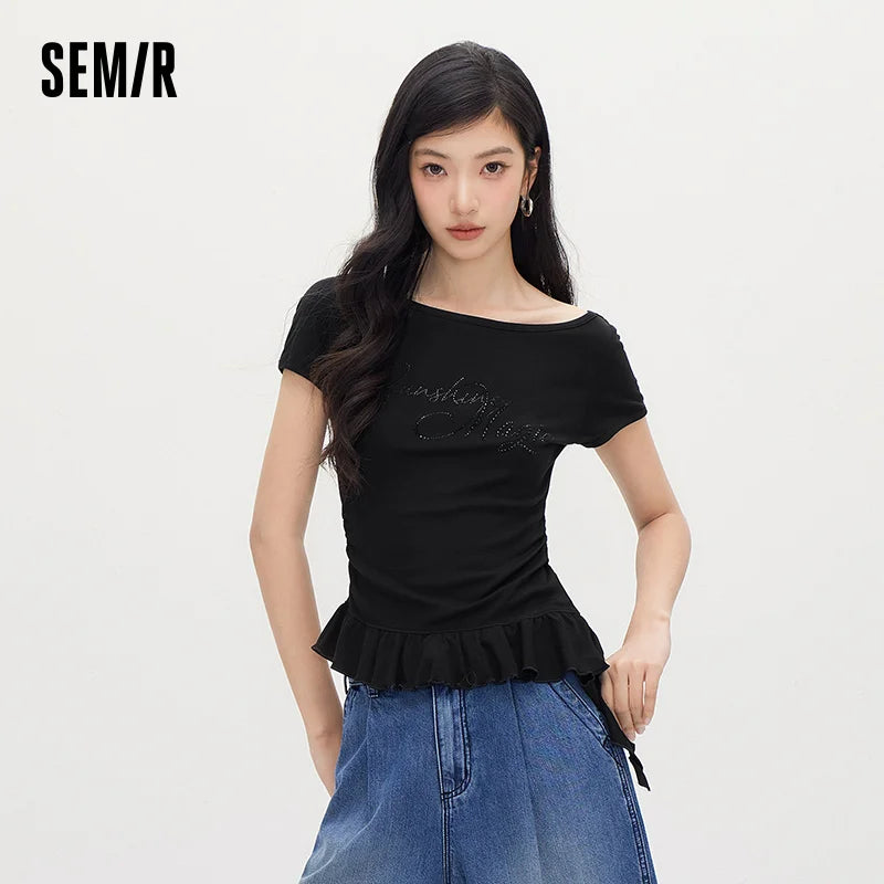 Semir Women Tshirt One Shoulder Ruffle Rhinestone Cropped Top 2026 Summer Fashion