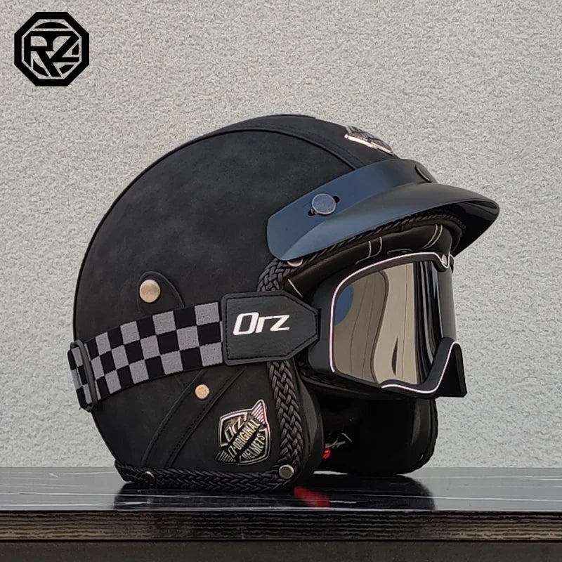 Vintage Leather 3/4 Jet Motorcycle Helmet, Handmade Leather Surface Adult Scooter Cruiser Riding Helmet Casque Moto
