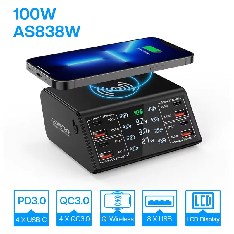 ឆ្នាំងសាកឥតខ្សែ 100W QC 3.0 USB ឆ្នាំងសាកឥតខ្សែ សាកលឿន PD USB C ឆ្នាំងសាកទូរស័ព្ទ គ្រឿងបន្លាស់ឆ្នាំងសាកលឿនសម្រាប់ iPhone 12 13 Xiaomi