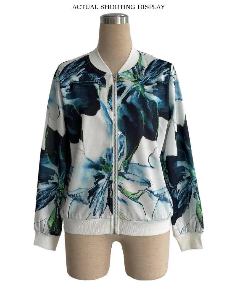 2026 New Women's Purple Long-Sleeve Printed Jacket, Green Baseball Collar Casual Coat, European Sizes S-XXL.