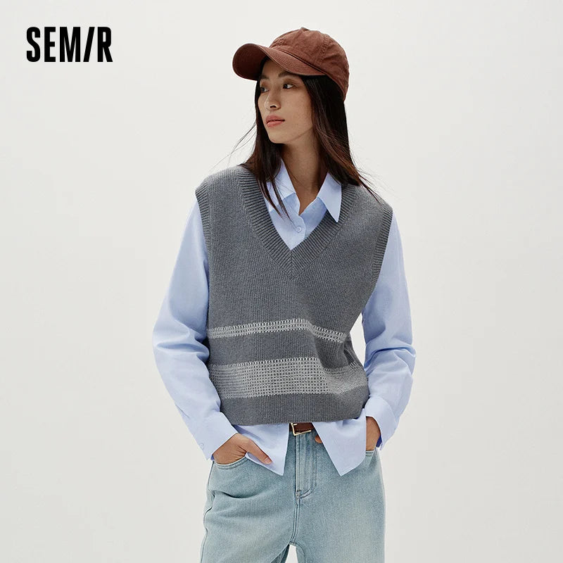 Semir Women Winter Shirt Striped V Neck Brushed Fabric Layering Minimal Design Two Piece Layering 2026 New Winter Daily Wear
