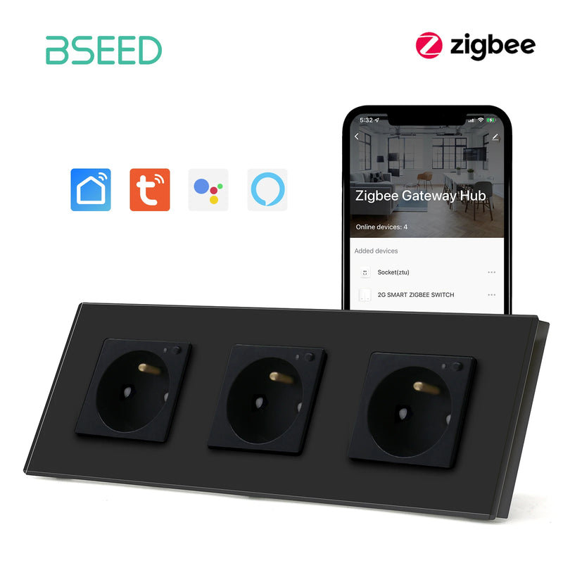 BSEED ZigBee Smart FR Socket Double Powe Sockets Triple Wall French Oulets Work With Tuya Google Home Smart Life Alexa