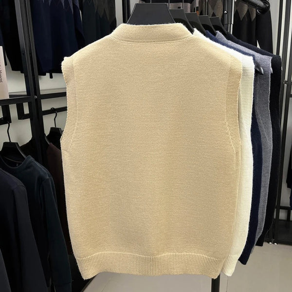 Men's Stand-Up Collar Knitted Vest with Button Front and Patch Pocket Spring and Autumn Pullover Knit Sweater