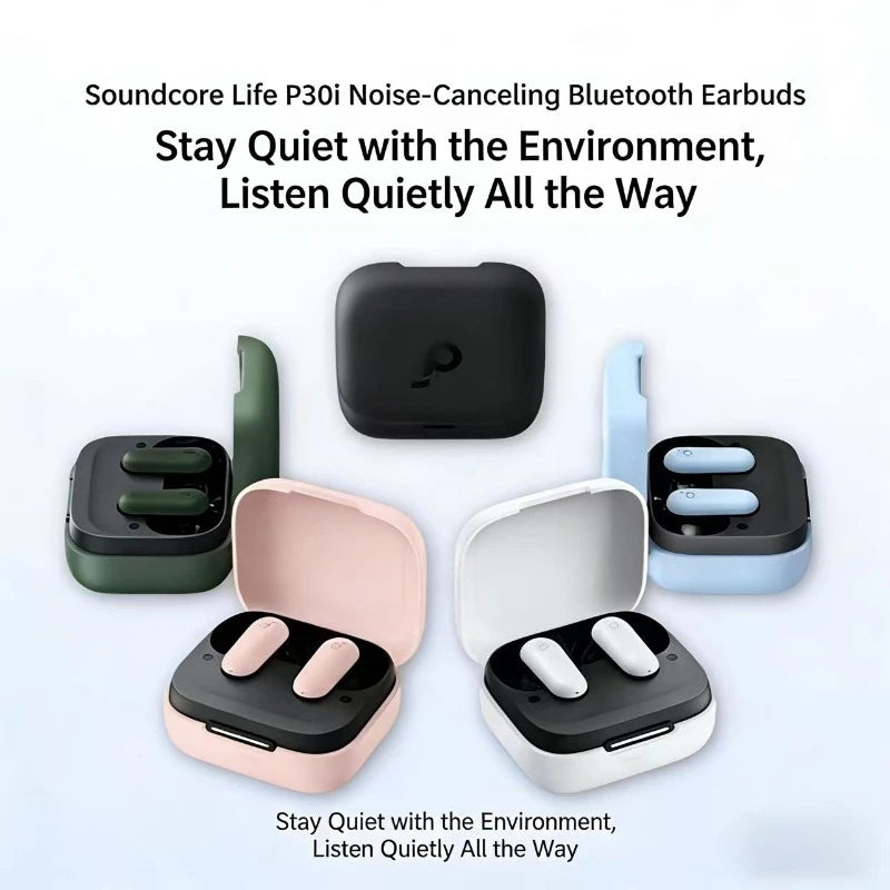 កាសស្តាប់ត្រចៀកប៊្លូធូស Soundcore ដោយ Anker P30i បច្ចេកវិទ្យាកាត់បន្ថយសំឡេងរំខានឆ្លាតវៃ បែបផែនសំឡេងព័ទ្ធជុំវិញ អាយុកាលថ្មយូរបំផុត ៤៥ ម៉ោង