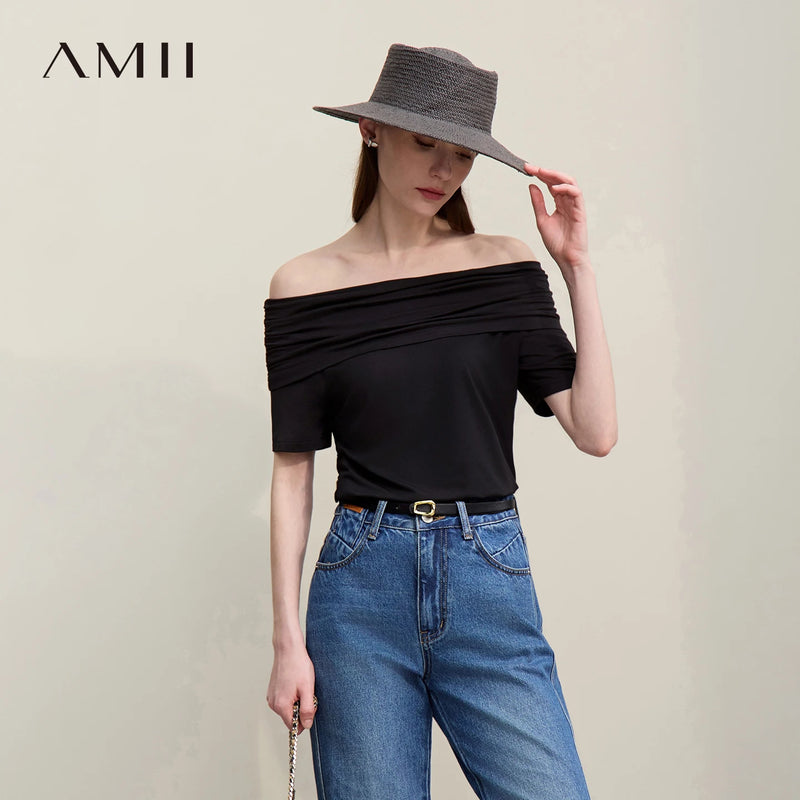 អាវយឺត Amii អាវក្រៅស្មាសម្រាប់នារី រដូវក្តៅ ឆ្នាំ២០២៦ អាវយឺតដៃខ្លីថ្មី រាងត្រង់ ឆើតឆាយ សាមញ្ញ ទាន់សម័យ 12622120