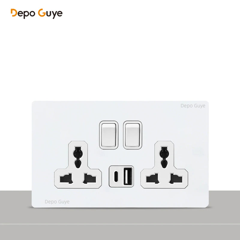 146 Type Retro Metal Panel UK 13A Wall Socket,Bronzed Stainless Steel Power Universal 3-pin Dual Power Socket With USB C charge