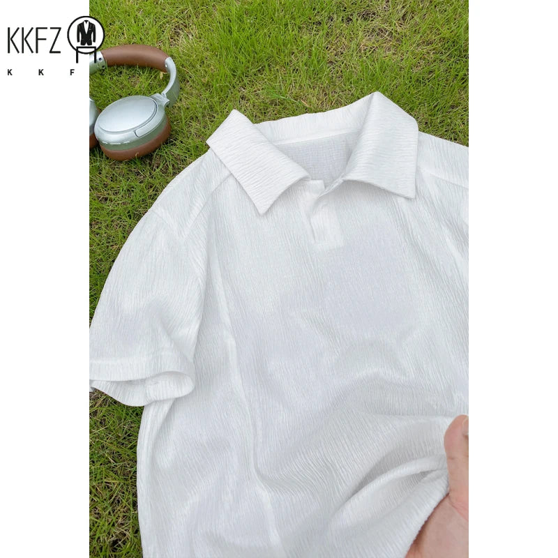 Male Loose Fit Wrinkle Textured Short Sleeve Shirt Lapel V Notch Neck Airy Fabric For Commute And Leisure Occasions