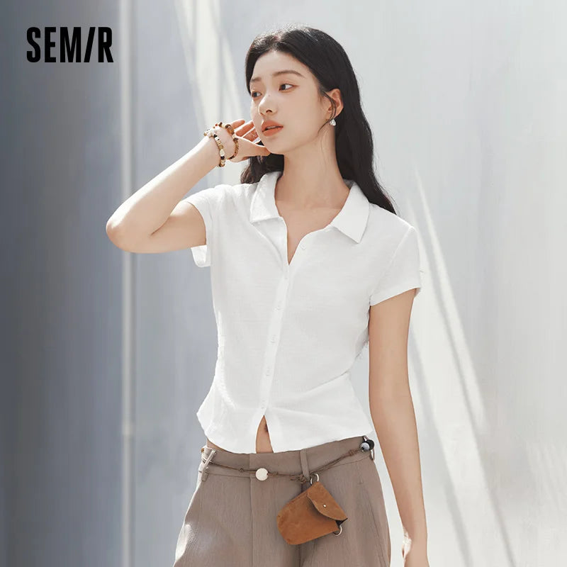 Semir Womens Polo 2026 Short Ruched Slim Jacquard Texture Lapel Gentle Casual Soft
