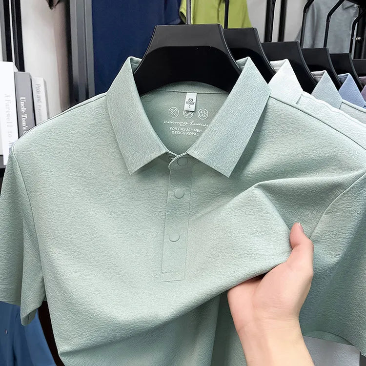 Men's Textured Polo Shirt Short Sleeve – Stretchy Blend, Soft Breathable, Multi-Color, Business Casual Summer Top