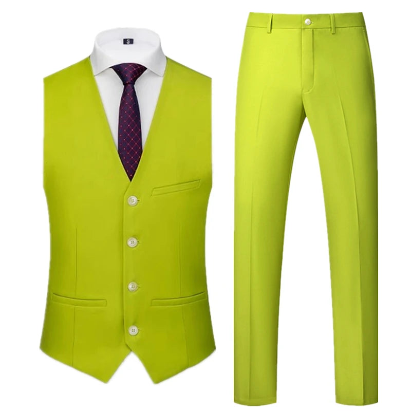 2026 Men's Bright Red V-Neck Sleeveless Vest with Pants, Green Gray Black White Purple Waistcoat and Trousers Asian Size Sets