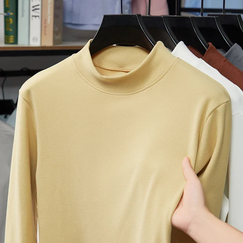 Mens Half Collar Long Sleeve Under Tops Soft Elastic Material Close Fitting Mock Neck Design Autumn Winter Daily Clothing