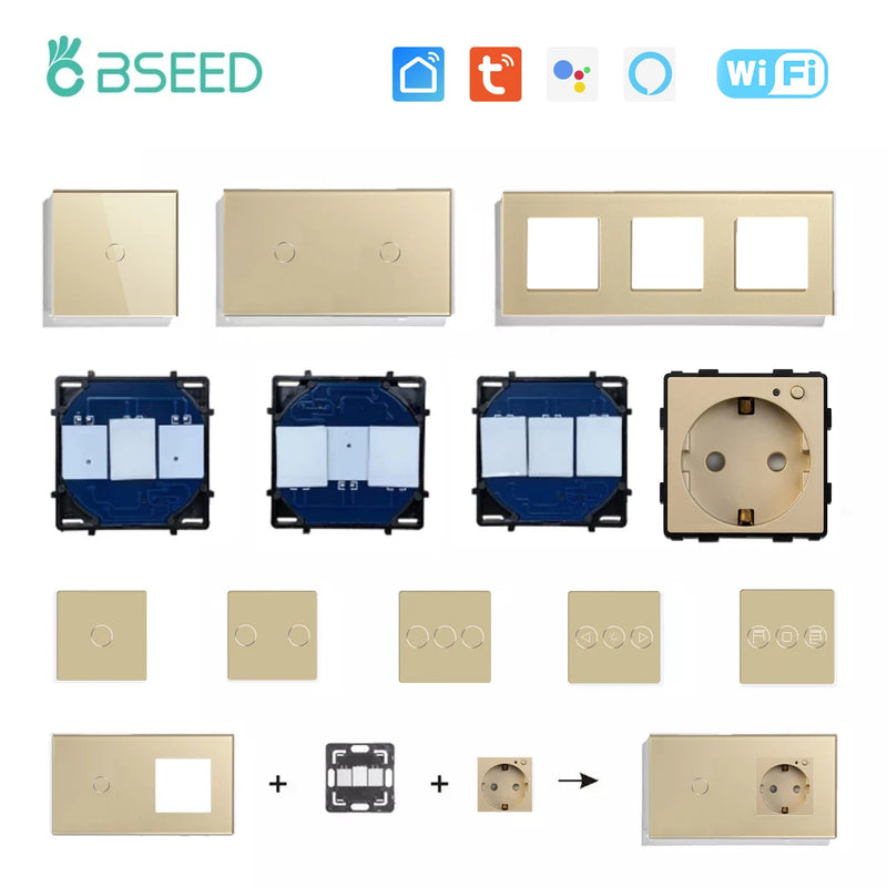 BSEED 1/2/3Gang WIFI Touch Switch Part Only Glass Panel Smart Dimmer Curtain Switch Function DIY Part EU Wifi Socket Parts