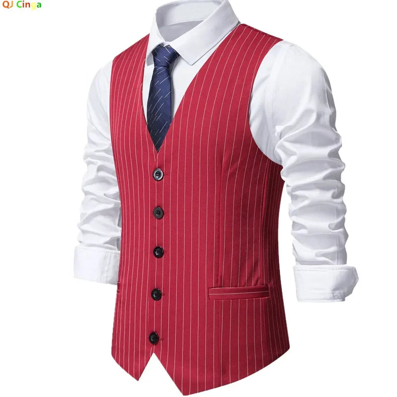 Men's Red Striped Sleeveless Vest, Single Breasted V-Neck Suit Vests, Wedding/Party/Business/Office Waistcoat, Europe Size S-XXL