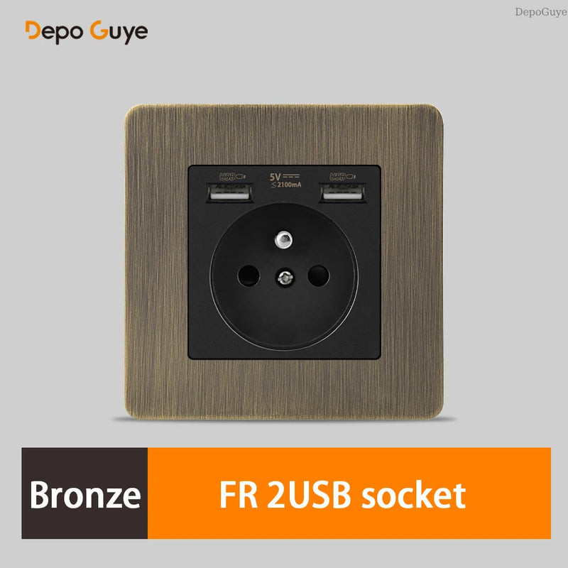 Retro EU French Standard Metal Double USB Wall Power Socket,Brushed Stainless Steel Antique Outlet with Type-c Usb Charing Port