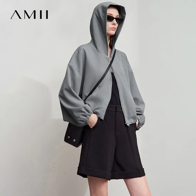 អាវធំ AMII សម្រាប់នារី សាមញ្ញ ងាយស្រួលប្រើ រដូវស្លឹកឈើជ្រុះ ឆ្នាំ២០២៥ អាវខ្លីថ្មី អាវក្រៅដៃវែង មានក្រណាត់ រលុង 12553002