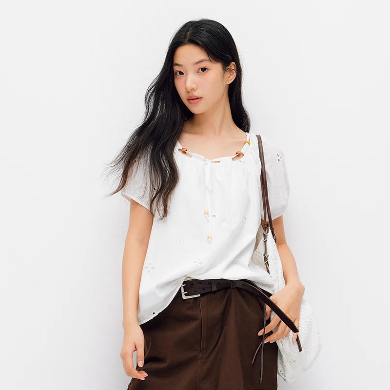 Semir Women Shirt Short Length Beaded Square Neck Puff Sleeve White French Cute 2026 Summer Casual Top