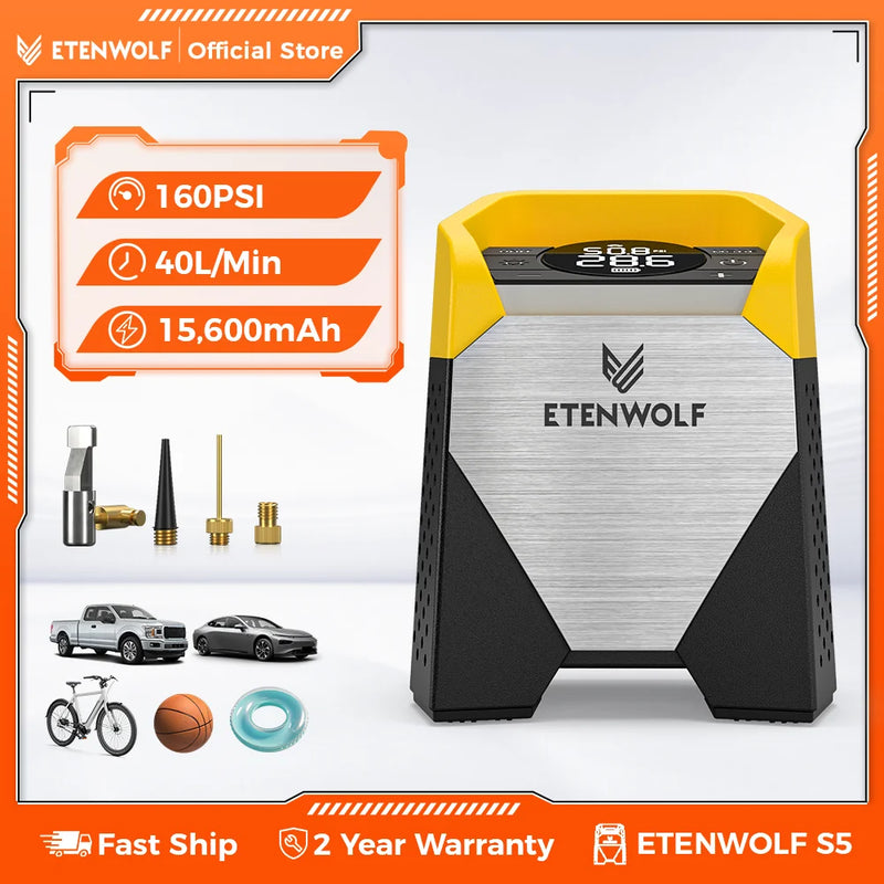 ETENWOLF S5 ស្នប់បូមខ្យល់អគ្គិសនីសម្រាប់កង់ឡាន 100% កម្លាំង 15600mAh សម្រាប់រថយន្ត SUV ឡានដឹកទំនិញ ម៉ូតូ កង់
