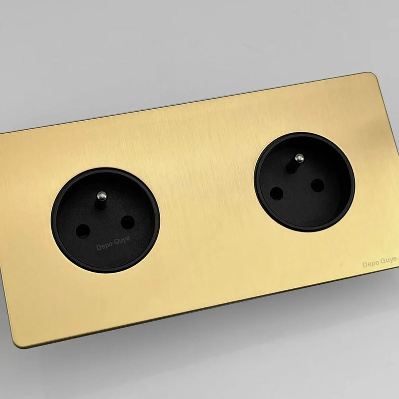 172 Type Retro Double EU French Metal Wall Power Socket Panel,Black/White Brushed Stainless Steel Antique Outlet Brass For Home