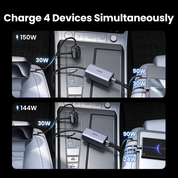UGREEN 150W Car Charger GaN Fast Charge Extender 4 USB Devices Charger for iPhone 18 Pro Max 17 16  Charger for iPad Notebook