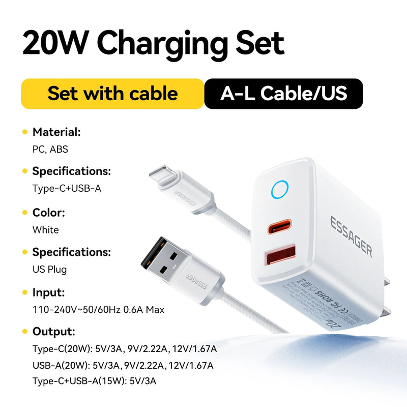 ឧបករណ៍សាកថ្មលឿន Essager PD 20W USB Type C សាកលឿន 4.0 3.0 QC PD សម្រាប់ iPhone 17 16 15 14 13 12 Pro Max ឆ្នាំងសាកទូរស័ព្ទ