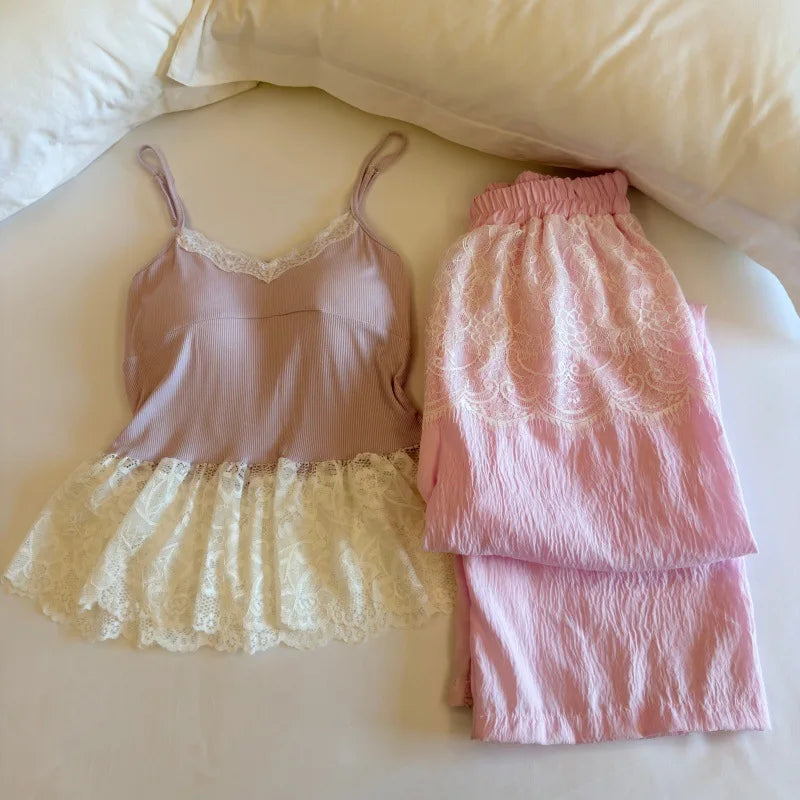 Thin Women's Pajamas Chest Pad Sleeveless Tops and Long Pants Sleepwear 2 Piece Home Clothes Comfortable Loungewear Pijama Suit