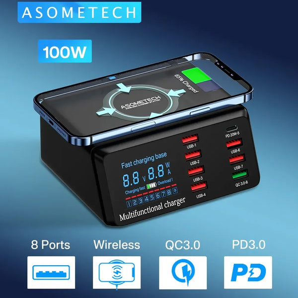 ឆ្នាំងសាកឥតខ្សែ 100W 8 រន្ធ USB Quick Charge 3.0 Adapter HUB ស្ថានីយ៍សាកថ្មឥតខ្សែ PD Fast Charger សម្រាប់ iPhone 11 13 Samsung