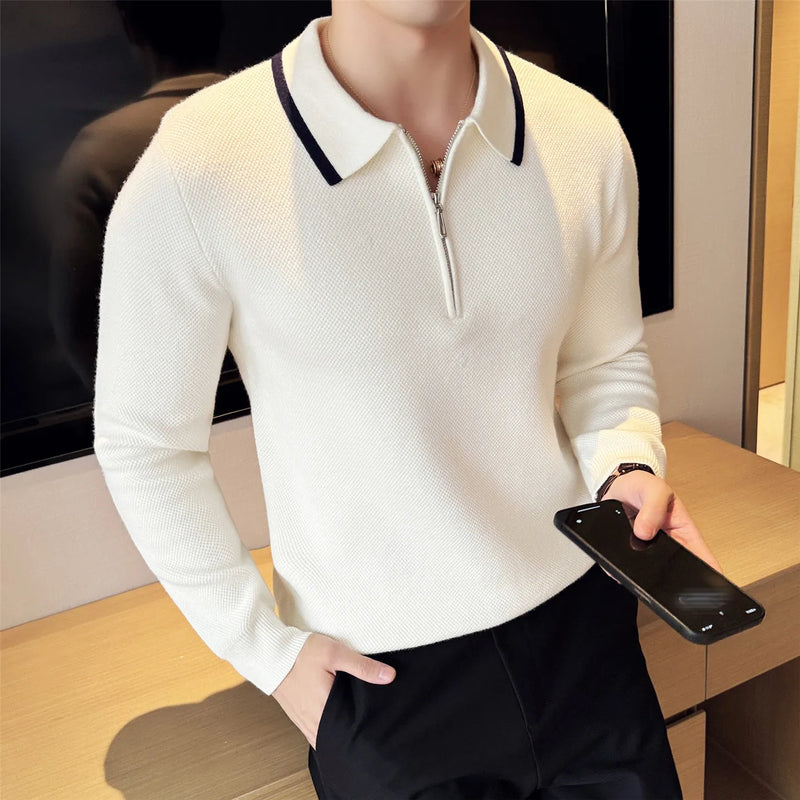 Men's Half Zip Polo Neck Knit Sweater, Color Block Design, Thick Winter Pullover, Business Casual High Collar Jumper