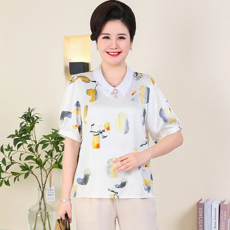 អាវ យឺត ដៃខ្លី បែប កូរ៉េ សម្រាប់ នារី បោះពុម្ព បូ អង្កាំ ឆើតឆាយ ធម្មតា រលុង អាវ Blusa Mujer រដូវក្ដៅ