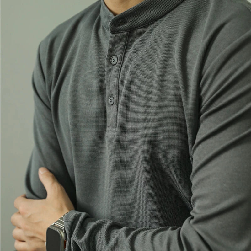High-end New Men's Business Casual Long Sleeve Polo Shirt Stand Collar Solid Color Henley Neck T-shirt.M-4XL