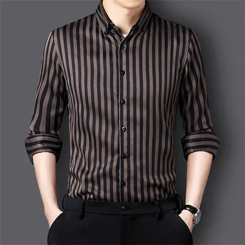 Black Striped Long Sleeve Shirt, Men's Single Breasted Shirts, with Square Collar Yellow Brown Camisas Para Hombre M-5XL
