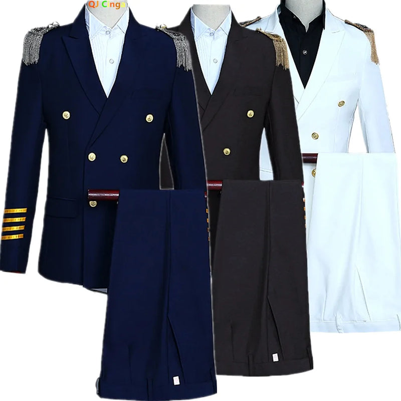 2026 Men's Slim Fit Captain Uniform Two-Piece,Navy Double-Breasted Jacket with Gold Buttons&Epaulettes for Pilot,Stage, Wedding