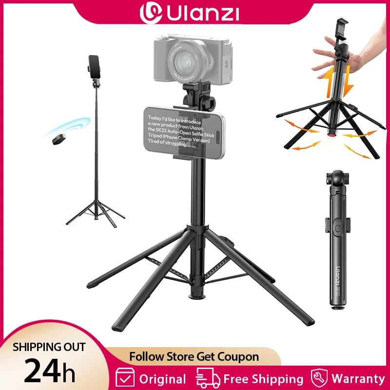 ជើងកាមេរ៉ា Ulanzi SK32 1.8M បើកដោយស្វ័យប្រវត្តិ Selfie Stick Tripod សម្រាប់ iPhone Android កាមេរ៉ា DSLR ជើងកាមេរ៉ាទូរស័ព្ទពន្លឺ Tripod ជាមួយឧបករណ៍បញ្ជាពីចម្ងាយ 30M