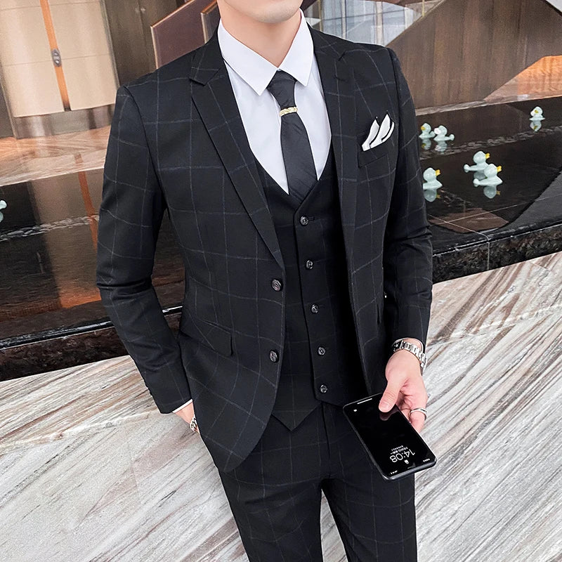 2026 Men Black Classic Striped/Checked Suits, Men's Business Office 3-Piece, Asian Size Slim Fit Sets, Blue/Gray Available