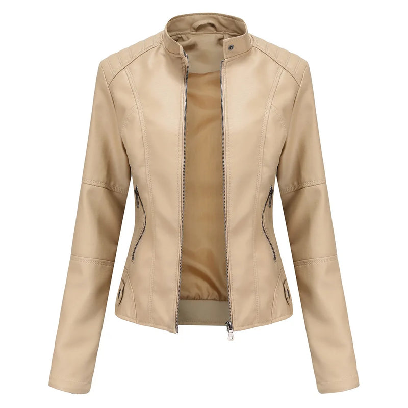 2026 Spring Women's Long-Sleeve Faux Leather Jacket Zip-Up Stand Collar PU Outerwear Available in Red, Black, Purple, Blue Coat.