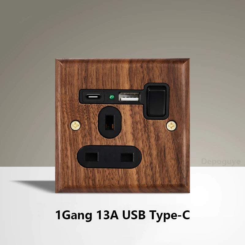 Black Walnut Wood Toggle Light Switch,Home retro Brass Panel,FR UK Universal Double USB Wall Electrical Socket Vintage Switch