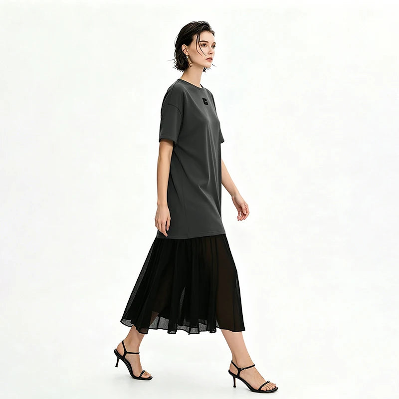 Amii Dress Woman 2026 Summer New Round Neck Drop Shoulder Air Layer Loose Casual Chiffon Patchwork Midi Dress For Women 12622164