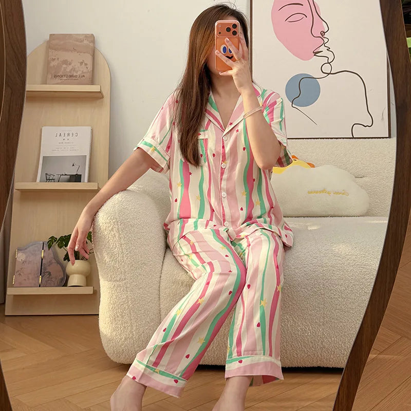 Floral Short Sleeve Sleepwear Female Nightwear Pyjamas Women Summer Pajamas Lapel Top Trousers Home Suit Loungewear Set Pijama