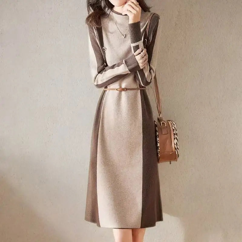 Fashion New Ladies Sweater Spring Autumn Woolen Dress Outerwear Pullover Jumper Splicing Color Women‘s Knitwear Pull Tops
