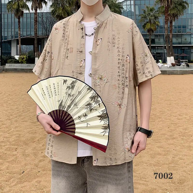 2026 Chinese Style Men's Short Sleeve Shirt with Chinese Characters Decorations and Asian Size Single Button Beach Casual Top