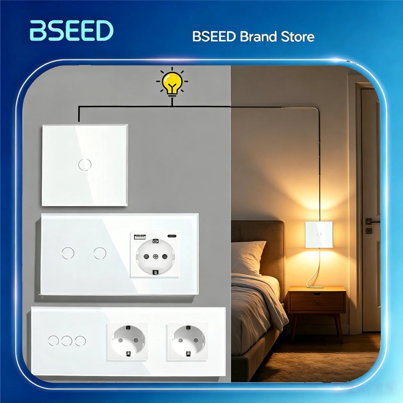 Bseed 1/2/3 Gang 2 Way Touch Light Switch with EU Socket and USB Type-C Port, Tempered Glass Wall Switch with Blue Backlight